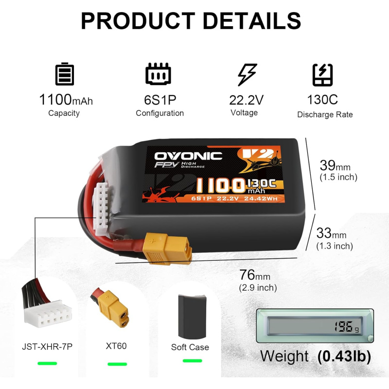แบตเตอรี่ OVONIC 130C 6S 1100m - Drone Battery 6S บทวิจารณ์และราคา